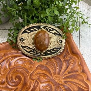 Brown Oval Resin Gemstone Western Belt Buckle Gold Filigree